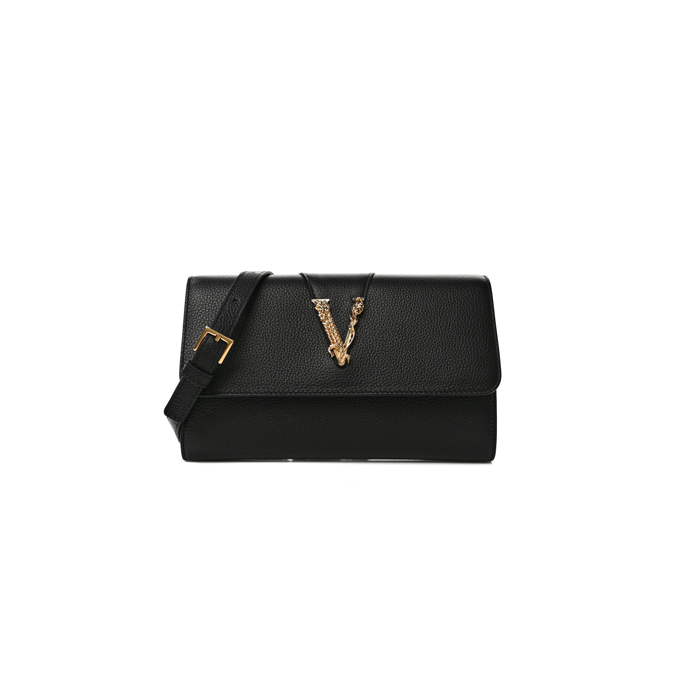 VERSACE GRAINED CALFSKIN VIRTUS WALLET ON CHAIN BLACK  (18*11*4cm)