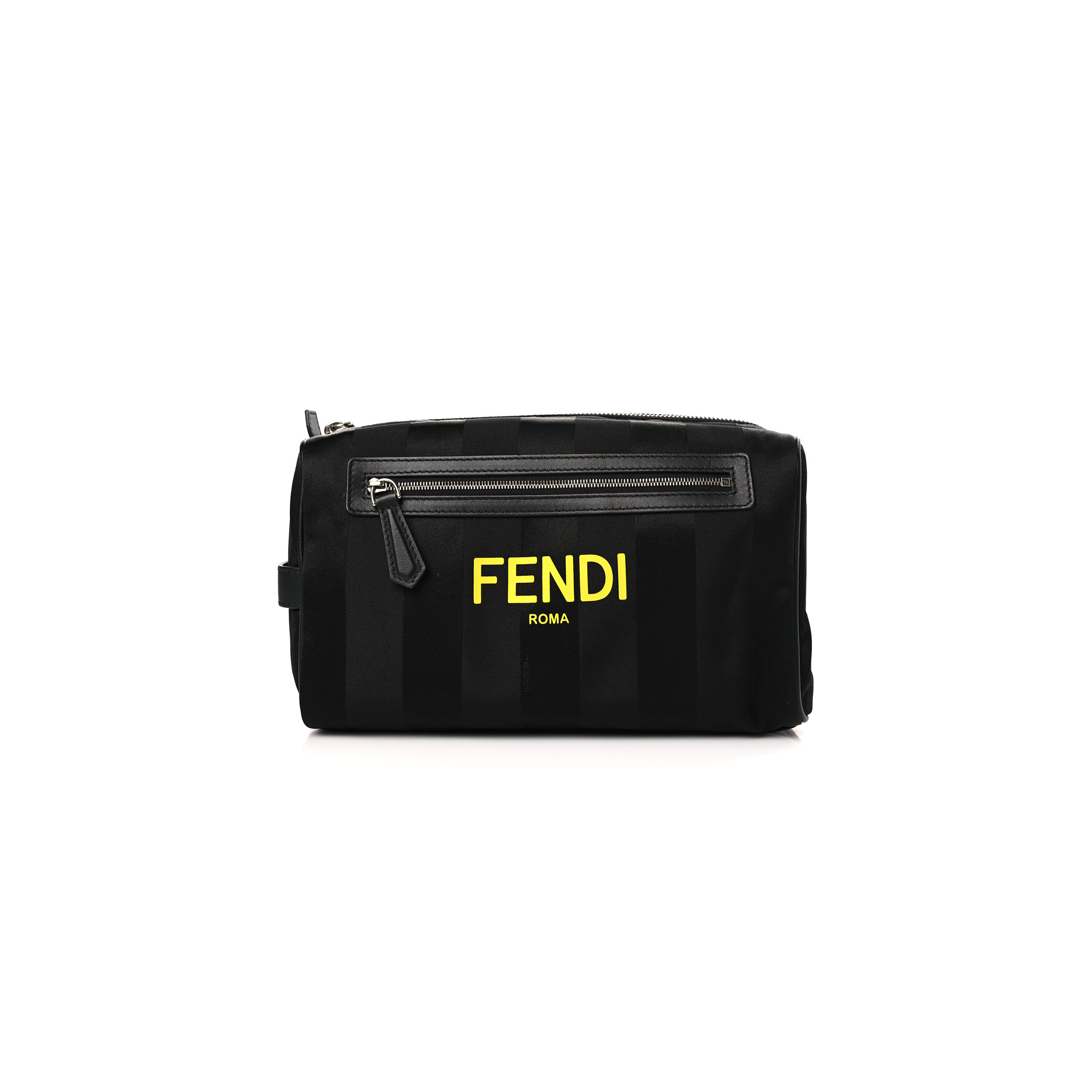 FENDI RECYCLED NYLON VITELLO GRACE LIGHT PEQUIN LOGO TRAVEL POUCH BLACK SUNFLOWER (25*13*11cm)