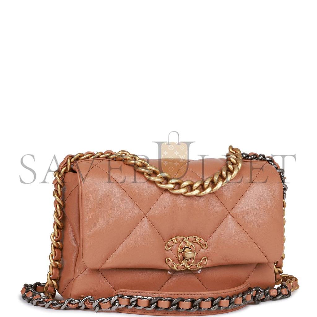 CHANEL MEDIUM 19 FLAP BAG CARAMEL CALFSKIN MIXED HARDWARE (25*16*9cm)