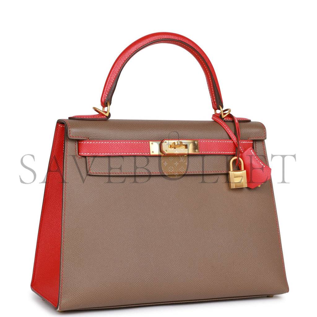 HERMES SPECIAL ORDER (HSS) KELLY SELLIER 28 ETOUPE AND ROUGE TOMATE EPSOM BRUSHED GOLD HARDWARE (28*22*10cm)