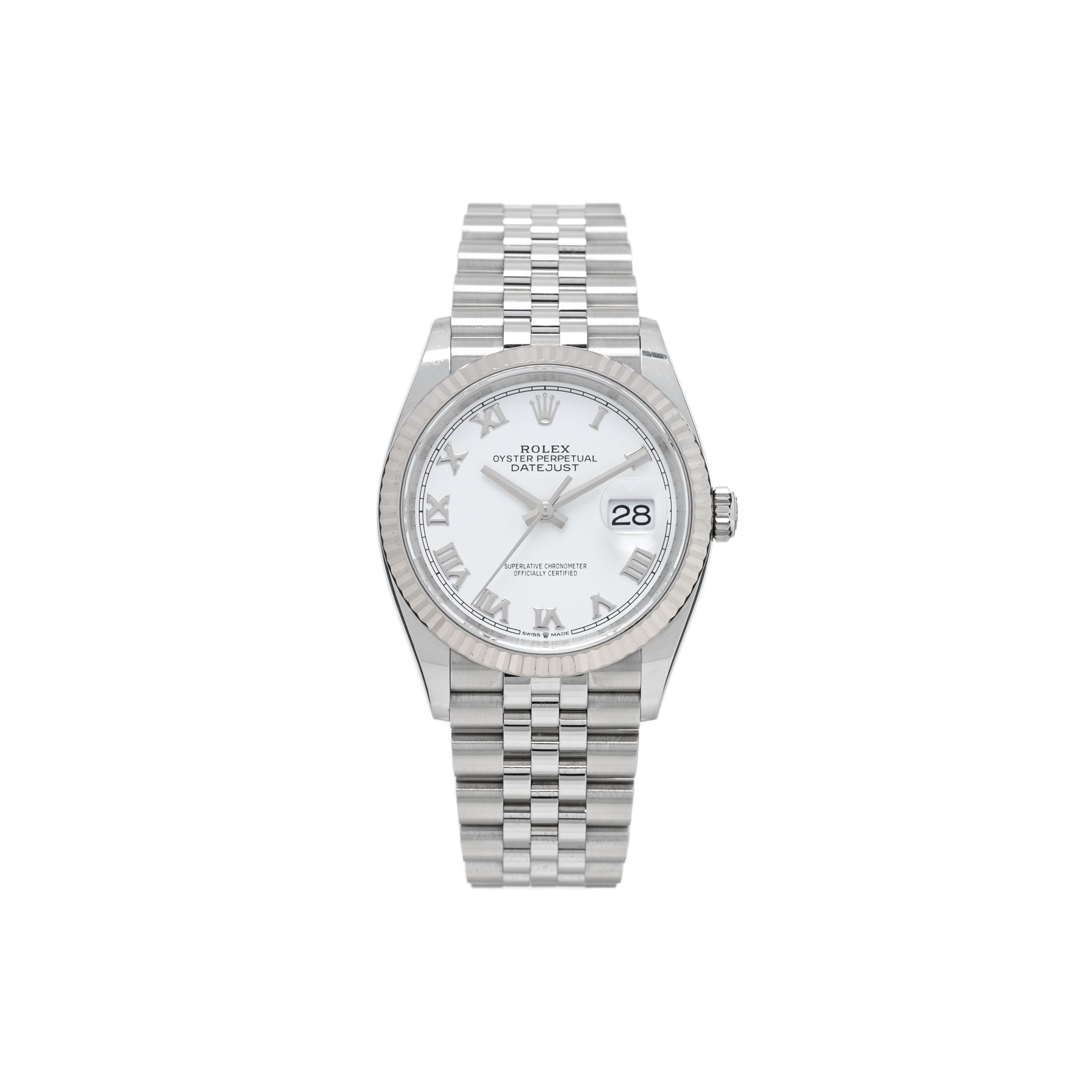 ROLEX STAINLESS STEEL 18K WHITE GOLD 36MM OYSTER PERPETUAL DATEJUST WATCH WHITE ROMAN 126234