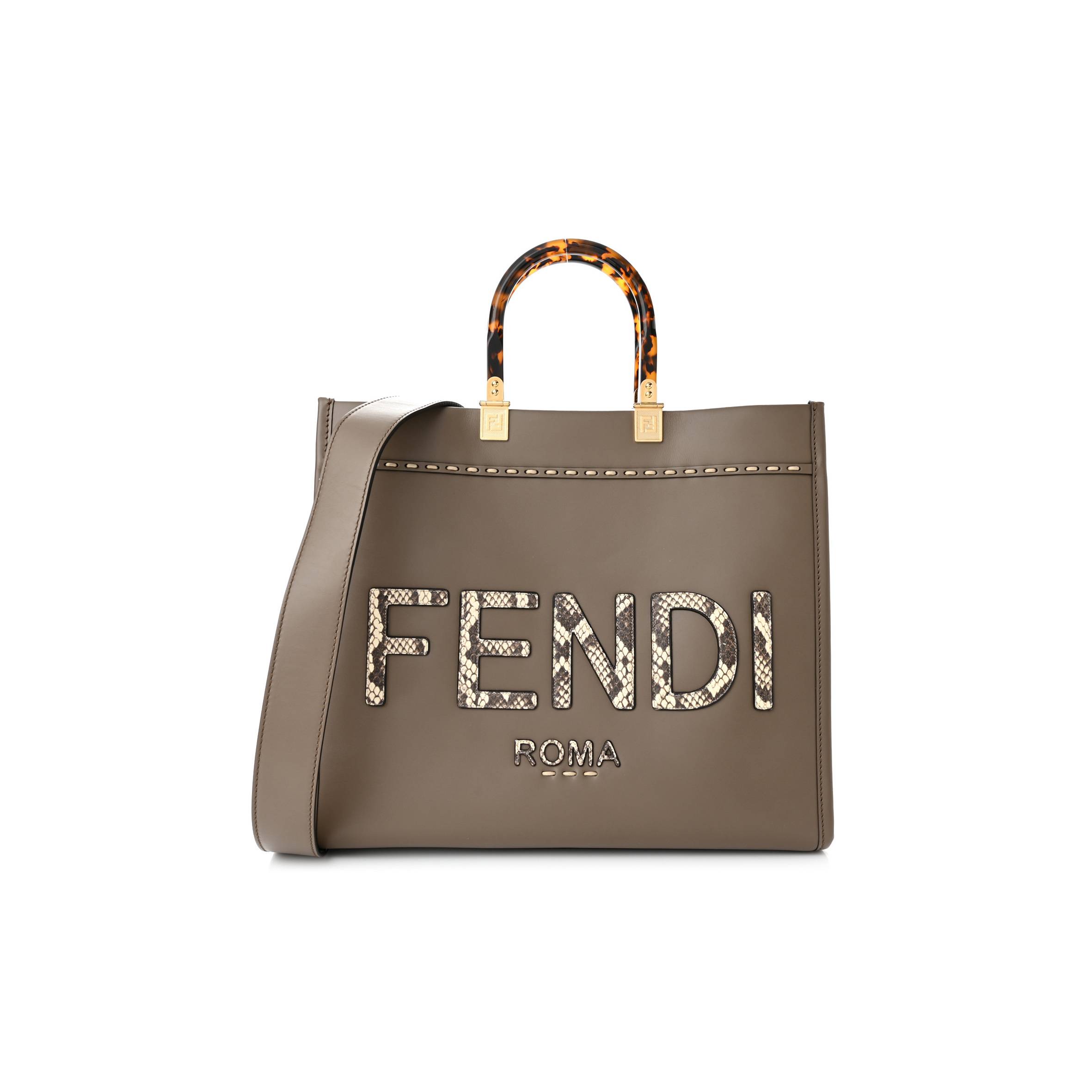 FENDI VITELLO KING PLEXIGLASS ELAPHE PYTHON PRINT MEDIUM FENDI SUNSHINE SHOPPER TOTE TARTUFO DAISY ROCCIA (36*30*15cm)